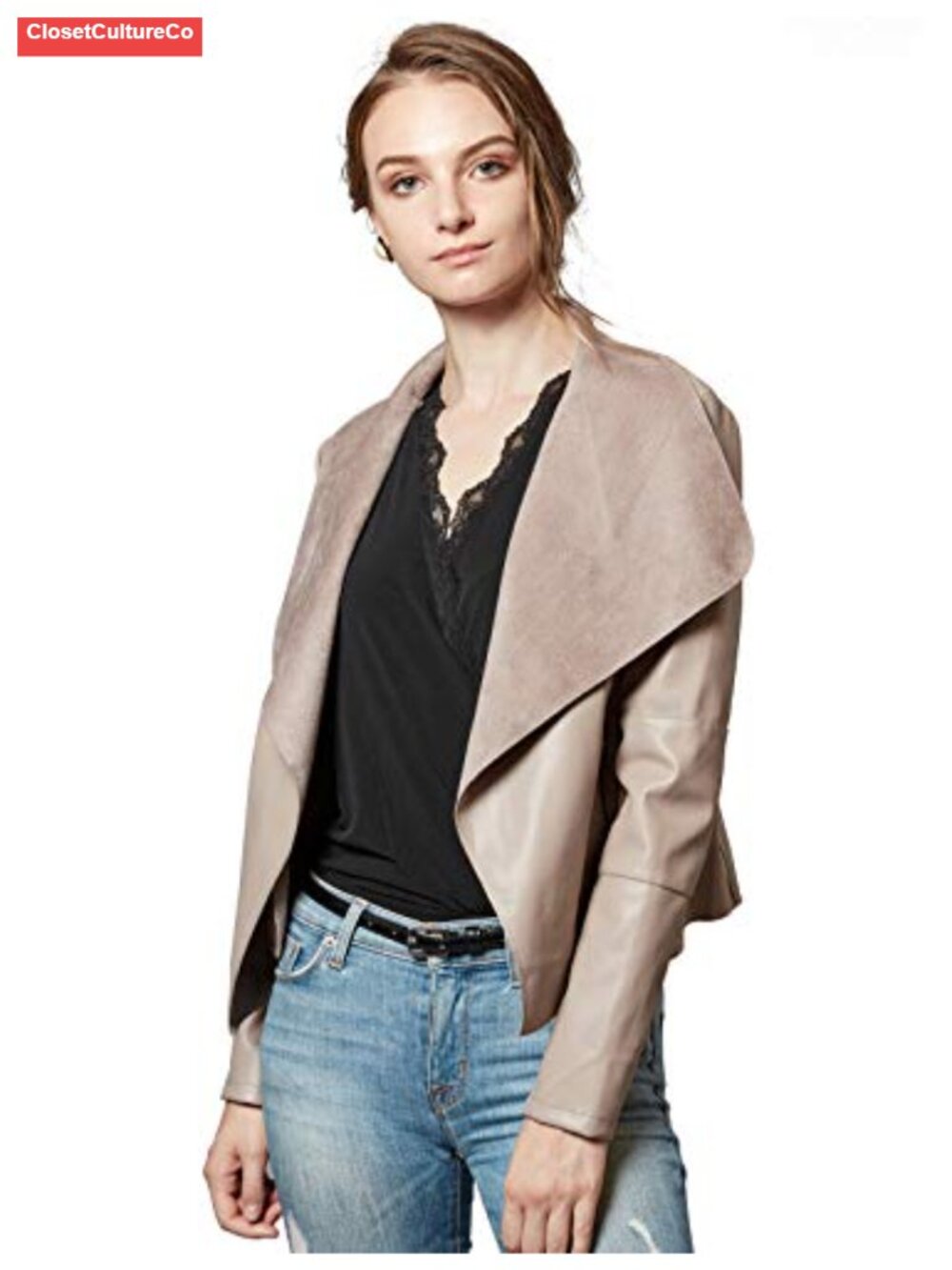 Faux Leather Jacket Slim Open Front Lapel Blazer Women's